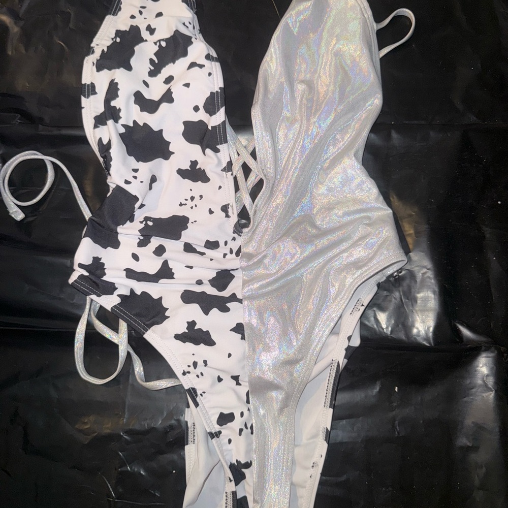 Cow Print and Silver Swimsuit Set